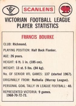 1974 Scanlens VFL #42 Francis Bourke Back